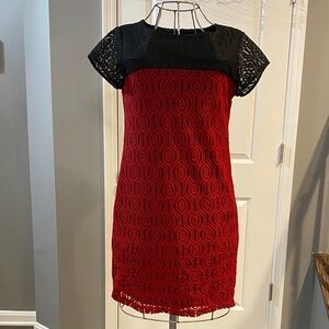 Roz & Ali Red Lace Dress with Black Lace Yoke